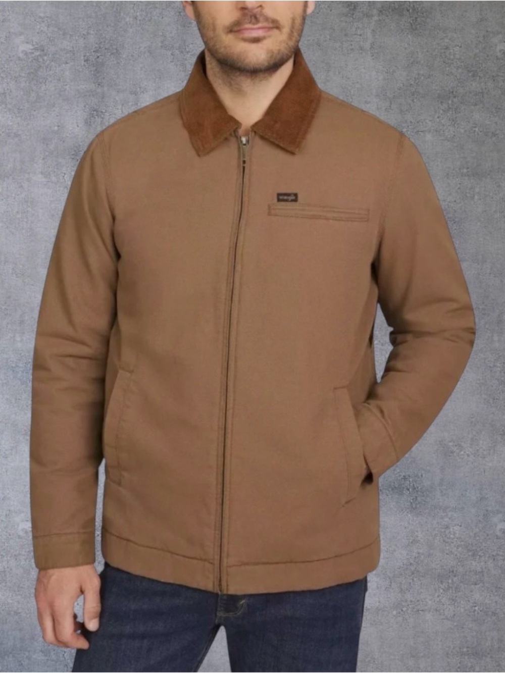 Wrangler Mens XL Tan Canvas Work Jacket Corduroy Collar Quilted Lined Coat